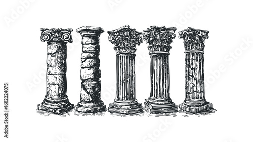Five antique stone columns with ornate capitals and fluted shafts. Vector hand drawn illustration