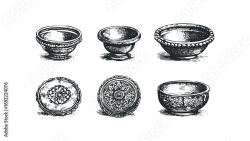 Vintage Ornate Bowls and Decorative Plates Hand Drawn Sketch Collection. Vector hand drawn illustration