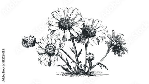 Detailed ink sketch of a cluster of daisies with buds on a white background. Vector hand drawn illustration