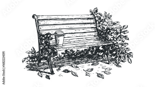 Sketch of a park bench with a coffee cup and fallen leaves. Vector hand drawn illustration