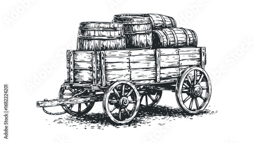 Wooden wagon loaded with barrels transport and delivery. Vector hand drawn illustration