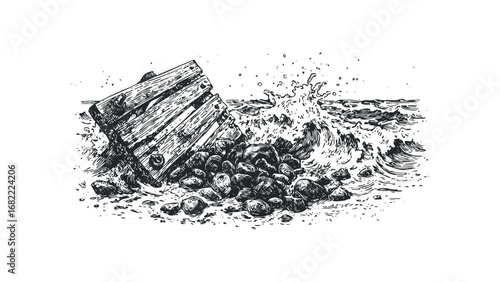 Wooden structure and ocean waves crashing against stones. Vector hand drawn illustration