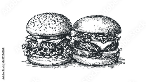 Two delicious hand drawn hamburgers on a transparent background. Vector hand drawn illustration