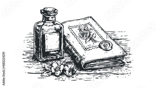 Antique book with wax seal and glass bottle with flowers. Vector hand drawn illustration