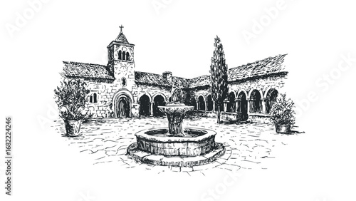 Architectural sketch of cloister courtyard with fountain and arched walkways. Vector hand drawn illustration