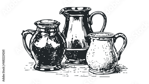 Collection of Three Vintage Ceramic Pitchers with Handles. Vector hand drawn illustration