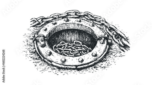 Close-up sketch of a heavy metal anchor chain coiled within a weathered, round anchor ring. Vector hand drawn illustration