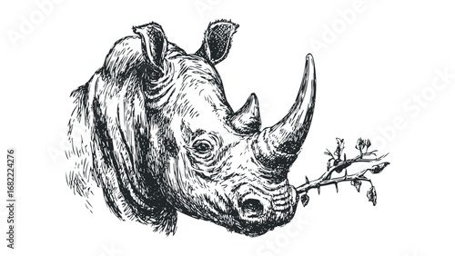 Hand Drawn Black Rhino Head with Thorny Branch in Mouth. Vector hand drawn illustration