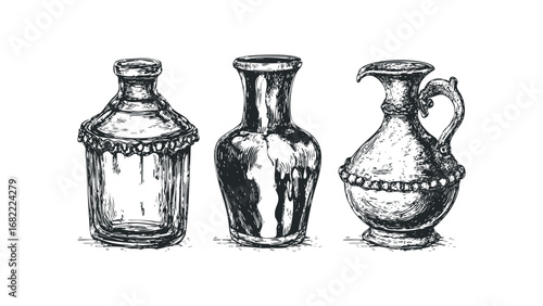 Hand-drawn collection of antique amphorae and bottles on a white background. Vector hand drawn illustration