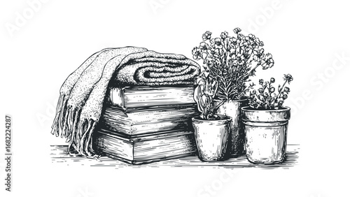 Sketch of stacked books with a folded blanket and potted plants on a table. Vector hand drawn illustration