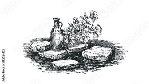 Sketch of a Jug and Flowers on Textured Stones. Vector hand drawn illustration
