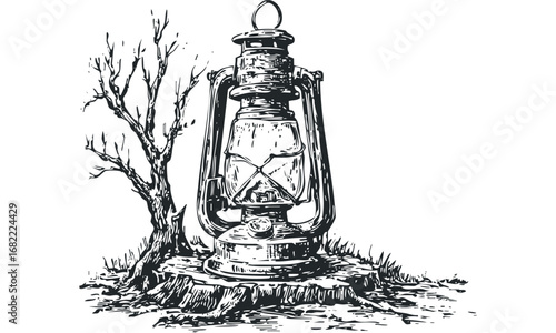 Ornate kerosene lantern sits on a tree stump with bare branches beside it. Vector hand drawn illustration