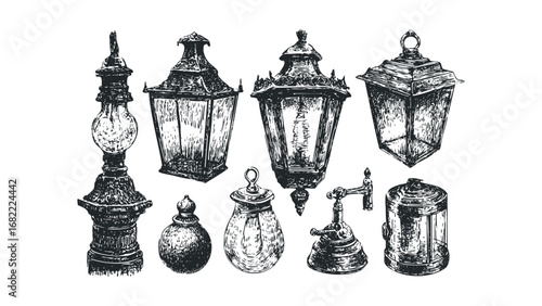 Vintage lamp collection, hand-drawn style, diverse antique lighting fixtures. Vector hand drawn illustration