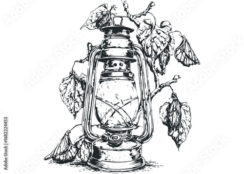 Detailed Line Art of an Antique Oil Lamp Entwined with Autumn Leaves. Vector hand drawn illustration