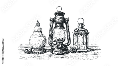 Three vintage lanterns and pine cones on a wooden surface sketch. Vector hand drawn illustration