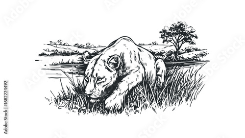 Prowling lioness in tall grass near a body of water with savanna landscape. Vector hand drawn illustration