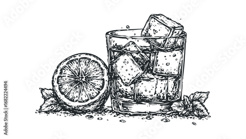Sketch of a refreshing beverage with ice and lemon slice on transparent background. Vector hand drawn illustration
