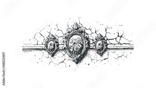 Ornamental Frieze with Oval Frames and Floral Motifs on Cracked Surface. Vector hand drawn illustration