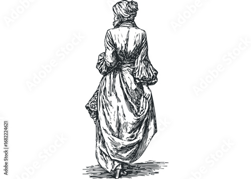Sketch of a woman in a vintage gown with elaborate draping, facing away from the viewer. Vector hand drawn illustration