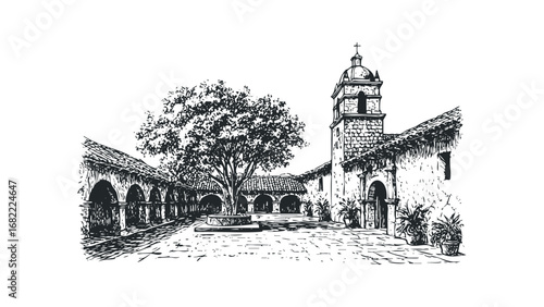 Courtyard sketch with arches and bell tower with a central tree. Vector hand drawn illustration