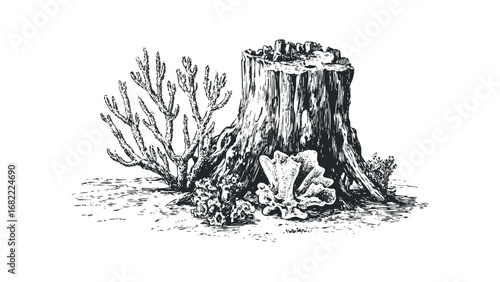 Engraved wood stump with ocean flora and coral fragments. Vector hand drawn illustration