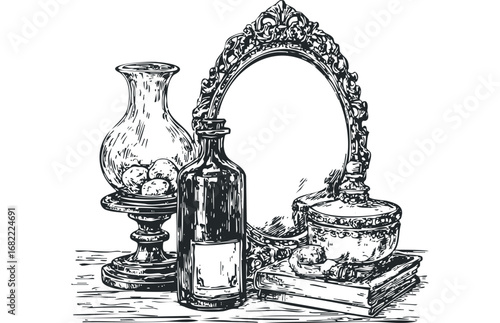 Still life composition of antique vanity items including a bottle, vase with fruit, and ornate mirror. Vector hand drawn illustration