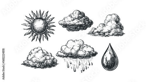 Woodcut style sun, rain clouds, and water drop elements on transparent background. Vector hand drawn illustration