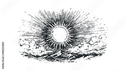 Striking Sunburst Over Mountain Peaks and Clouds in Engraved Style. Vector hand drawn illustration