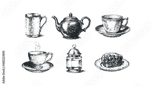 Hand-drawn collection of tea and pastry items on white. Vector hand drawn illustration