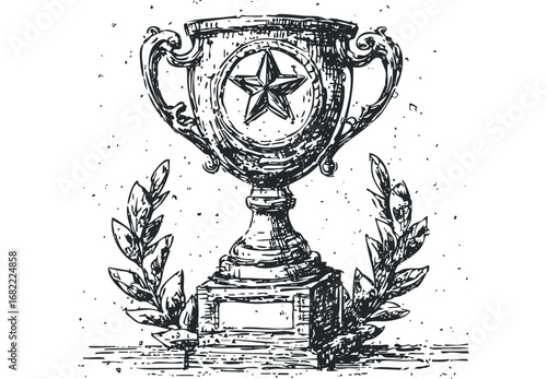 Hand Drawn Trophy with Star and Laurel Wreath on Transparent Background. Vector hand drawn illustration