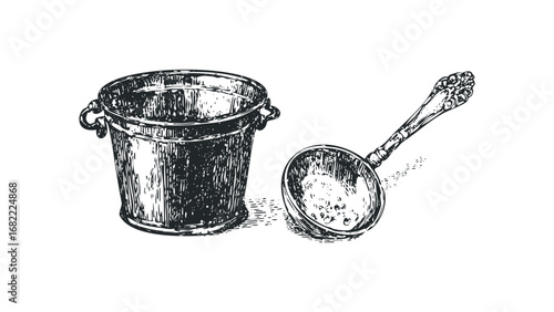 Vintage Metal Bucket and Ladle Illustration on Transparent. Vector hand drawn illustration