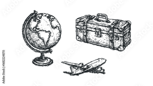 Sketch of globe, vintage suitcase, and airplane on transparent background. Vector hand drawn illustration