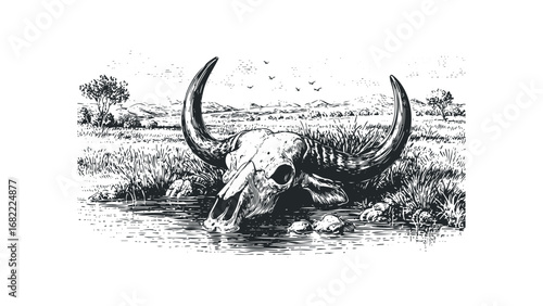 Detailed illustration of a buffalo skull resting partially submerged in water with grassy landscape and hills. Vector hand drawn illustration