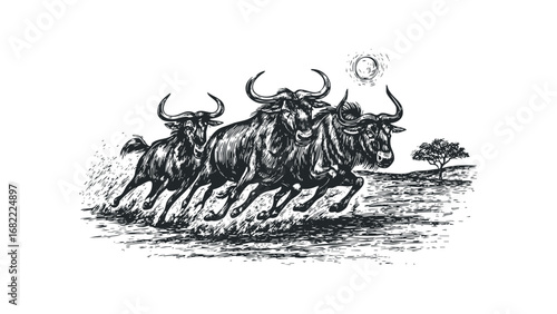 Three wildebeest galloping across savanna with sun and tree. Vector hand drawn illustration