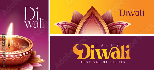 Happy Diwali festival with oil lamp, Rangoli decoration with Diya, Diwali holiday Background with rangoli, Diwali celebration greeting card,vector.