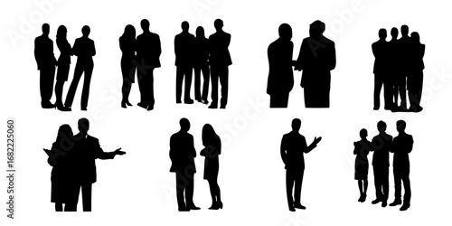 Silhouettes of business people in groups and pairs discussing teamwork, corporate collaboration, partnership, and leadership on white background for office design concepts