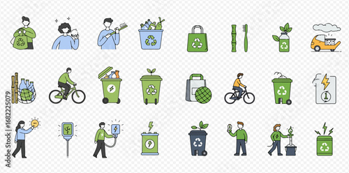 Eco-friendly lifestyle icons: recycling, renewable energy, and sustainable practices.