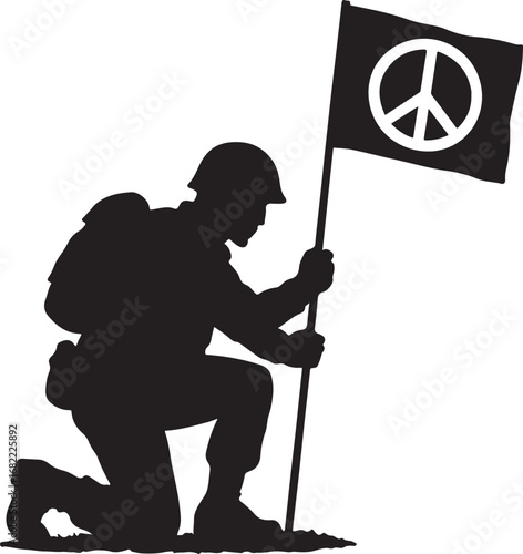 Silhouette of soldier kneeling holding peace flag vector
