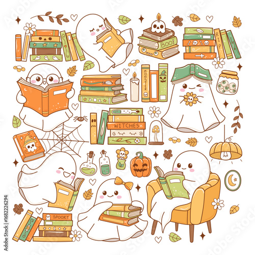 Cozy Bookish Ghost Collection Hand Drawn Vector, Ghost Reading Halloween Cartoon Doodle Design