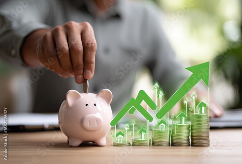 Hand placing coin in piggy bank,  showing financial growth with rising arrow and house icons over coins