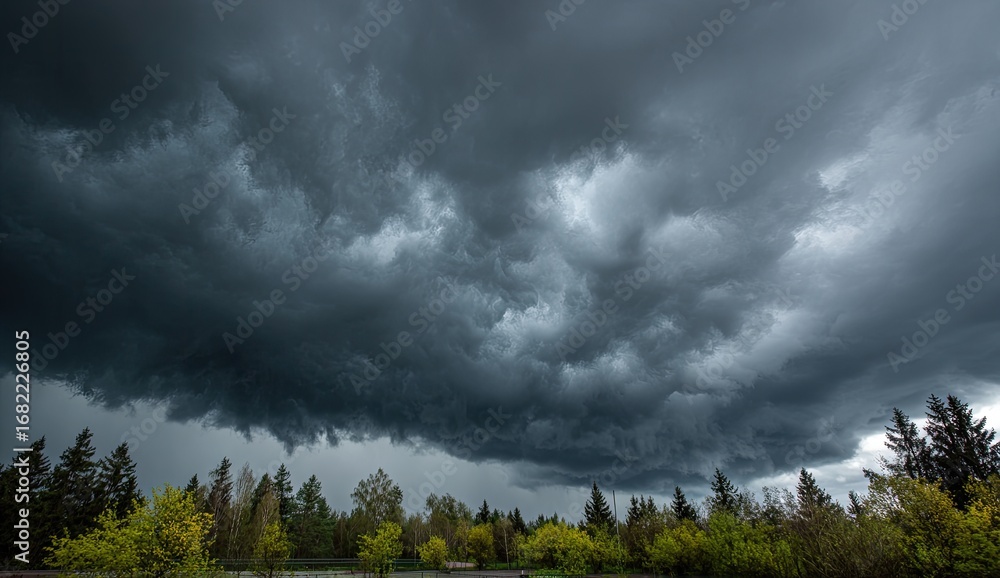 Fototapeta premium Dramatic storm clouds looming over a line of trees