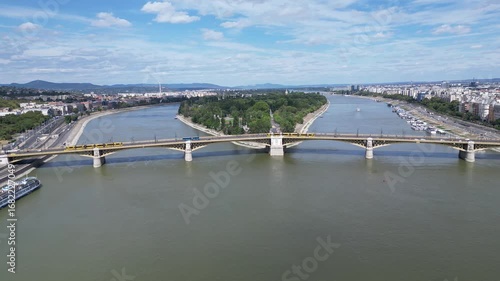 Aerial shot of Margaret island (Margitsziget) and Margaret Bridge (Margit híd) in Budapest.