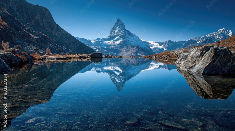 Naklejka premium Serene alpine lake reflecting a snow-capped mountain peak