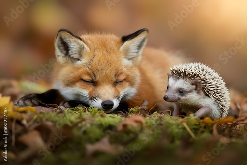 Wallpaper Mural A sleeping red fox rests peacefully next to a small hedgehog in a warm autumn forest setting Torontodigital.ca