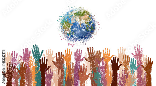 Diverse hands raised in unity, Earth above