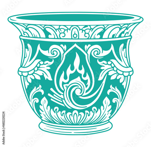 Teal decorative thai vase with intricate floral and traditional ornamentation