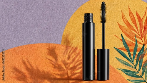 Black mascara tube and wand on colorful background (1)