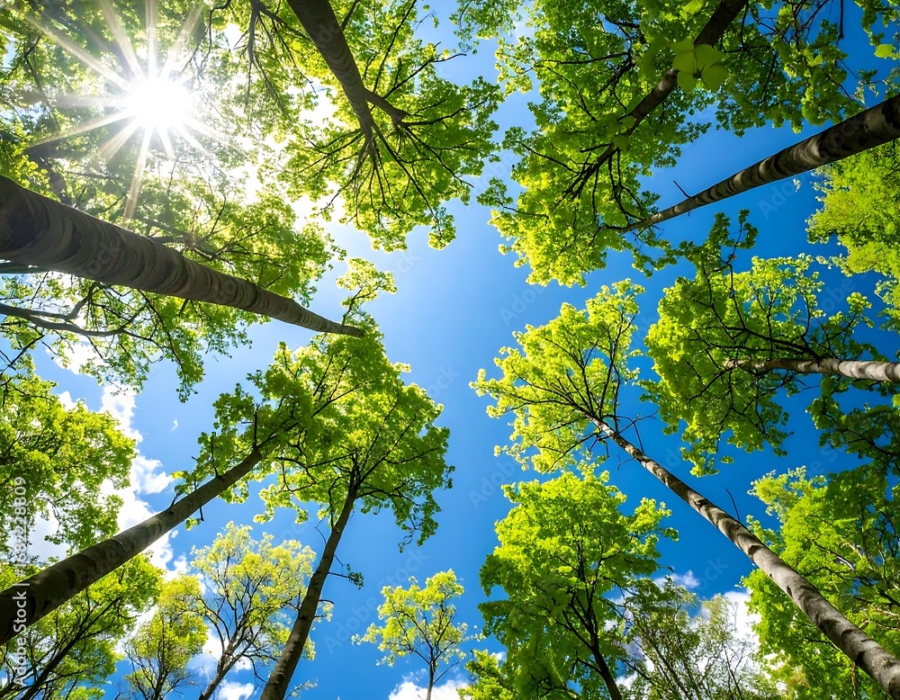 Obraz premium Lush green trees reach towards a vibrant blue sky filled with fluffy clouds, showcasing a springtime forest scene.