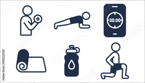 Minimalist Fitness Routine Icons – Strength Training, Core Workouts, Hydration, Yoga Prep, and Timed Exercise Vector Pack