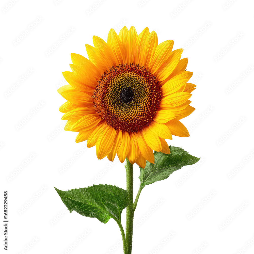 Obraz premium Close-up of a vibrant sunflower against a black background. The flower is bright yellow with a dark brown center and green leaves. A single stem rises from the dark background